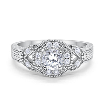Halo Art Deco Simulated Cubic Zirconia Wedding Ring 925 Sterling Silver